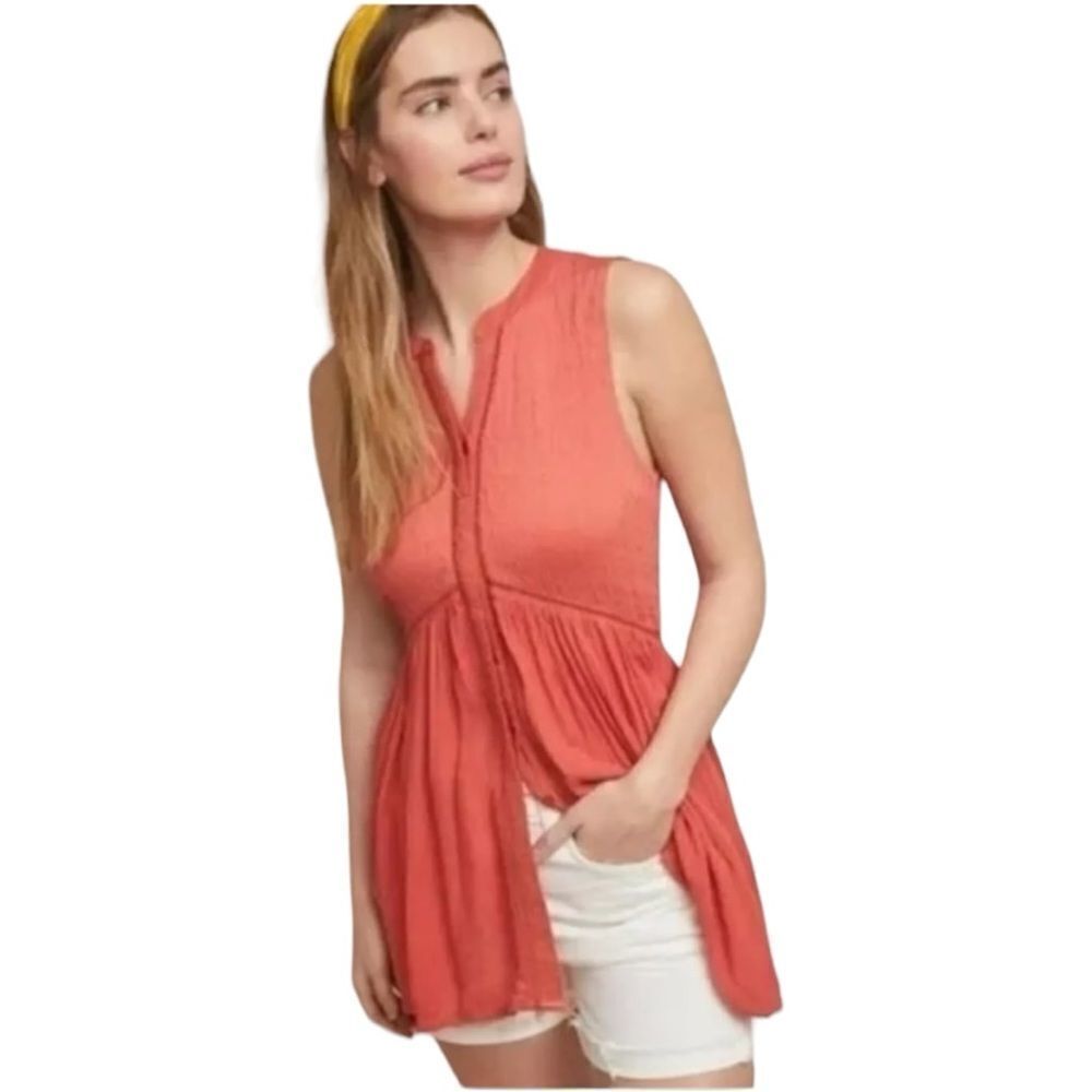 Anthropologie Nia Burnt Orange Ladder Stitch Boho Button Down Tunic Top Sz XS